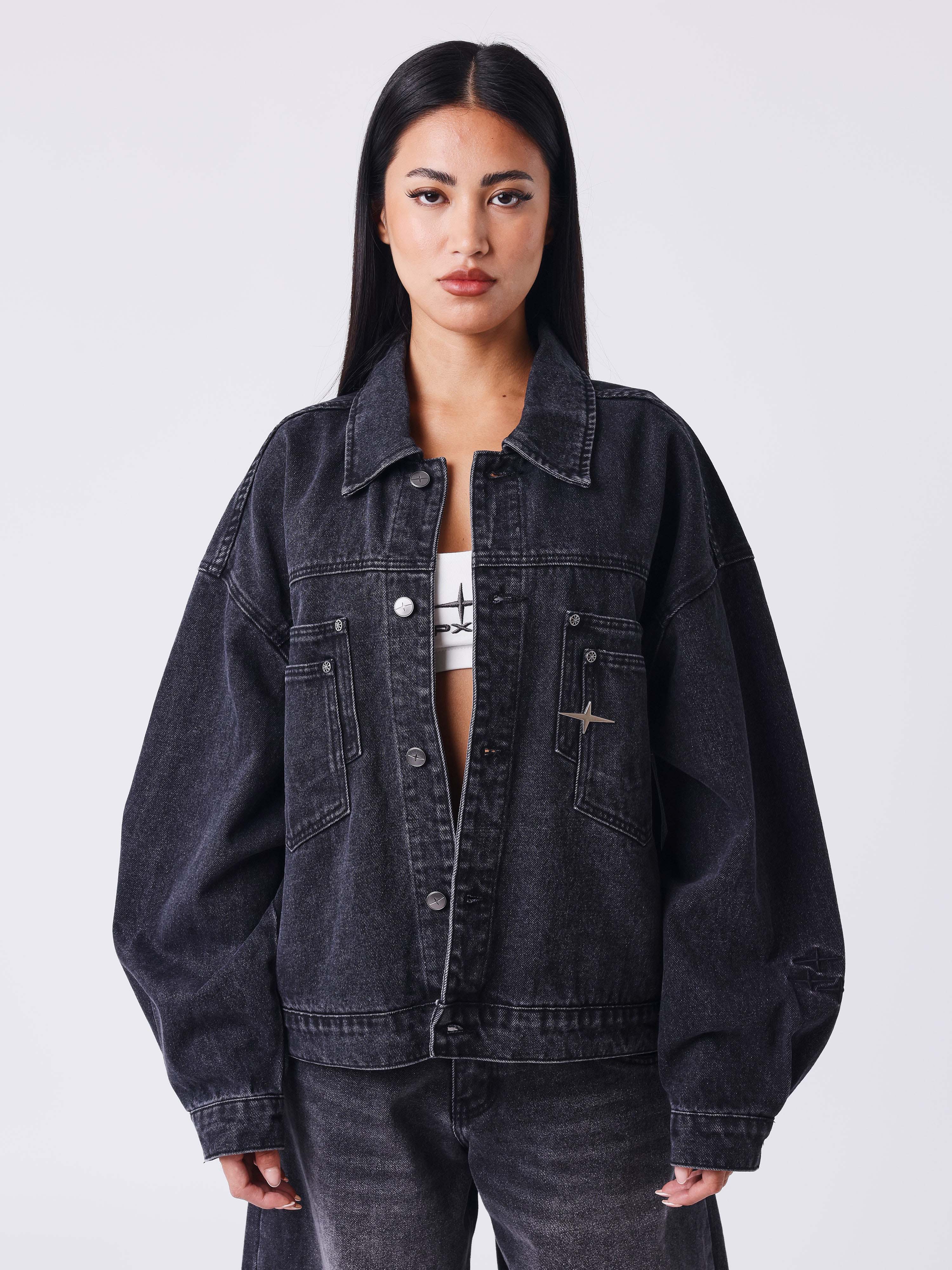 Veste oversize en denim noir délavé à surpiqûres Polaris